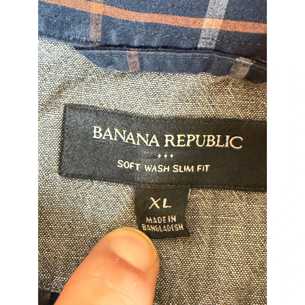 Banana Republic Soft Wash‎ Slim Fit Navy Plaid Cotton Button Down Shirt Mens XL